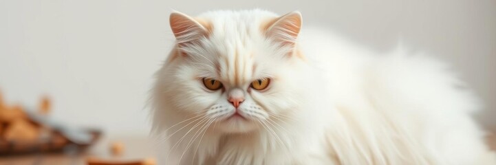 Fototapeta premium Funny pet portrait of a cute white fluffy Persian cat with a moody look on its face, looking angry and demanding more food, food, demand