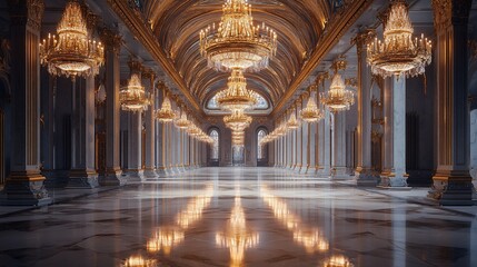 Obraz premium Grand ballroom with marble floor, ornate columns, and crystal chandeliers.