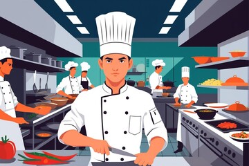 A chef in a white uniform and hat, holding a knife, stands in a modern kitchen with other chefs and various cooking equipment.