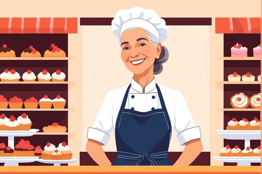 A smiling woman in a chef's uniform stands behind a counter, surrounded by an array of cakes and pastries.