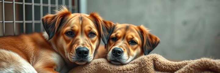 Rescue dog resting in kennel with sad eyes, loving home, family
