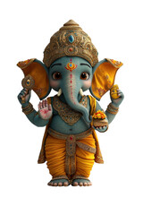 Fototapeta premium Happy Ganesh cartoon character with vibrant colors, adorned in traditional attire, holding symbolic items like modak and lotus, radiating joy and positivity