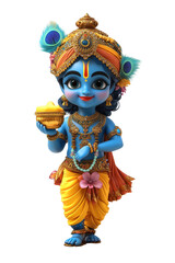 Cute 3D cartoon Krishna with playful smile, holding pot, adorned in vibrant attire, showcasing traditional elements and joyful expression