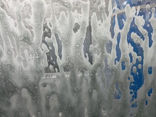water drops on window. At the car wash. Foam on the car window during washing. A clean car