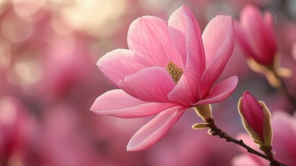 Obraz premium A close-up of a pink magnolia flower in soft focus, showcasing its delicate petals and beauty.