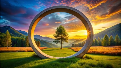 Geometric Landscape Photography: A Circle with a Hole Framed by a Square, Exploring Balance and Symmetry in Nature's Patterns and Shapes Amidst Scenic Backdrops