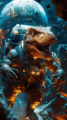 A dinosaur in a colorful astronaut suit floats through space, surrounded by stars and planets, with a futuristic spaceship in the background, creating a whimsical cosmic adventure.