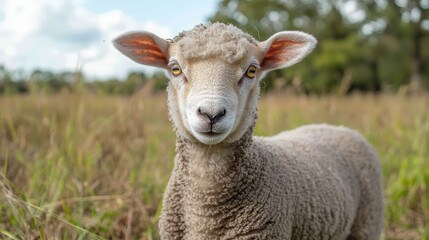 Obraz premium A close-up of a sheep in a grassy field, showcasing its curious expression.