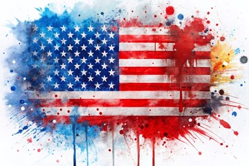 Graffiti Style Painting of the USA Flag with Paint Splatters on White Background, Capturing American Patriotism and Urban Art Aesthetics for Stock Photography