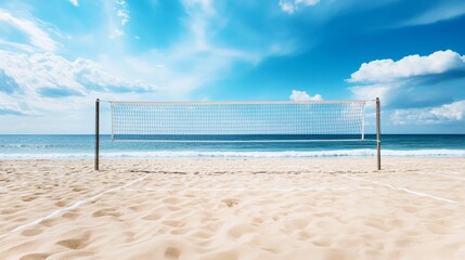 A volleyball court with smooth sand and net, beach setting with gentle waves in the background, Breezy style