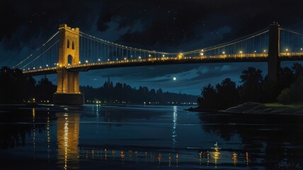 Fototapeta premium Illuminated suspension bridge at night reflecting on calm water.