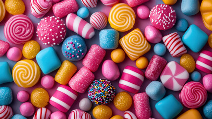 Fototapeta premium A vibrant, cartoon-inspired texture featuring colorful candy shapes and patterns, creating a playful and sweet background perfect for festive designs. 
