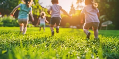 Fototapeta premium Three children are running in a field of green grass