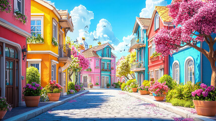 Fototapeta premium A vibrant cartoon street scene featuring pastel-colored houses, cheerful flower pots, and lush trees lining the sidewalk, creating a lively and inviting atmosphere.