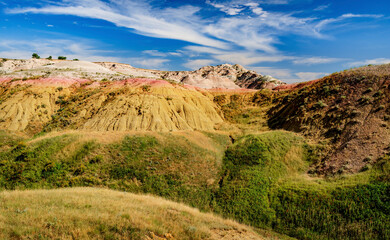 Rugged multi color plains, mountains and valleys of Badlands National Park near Wall, South Dakota
