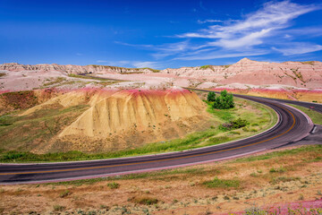 Rugged multi color plains, mountains and valleys of Badlands National Park near Wall, South Dakota