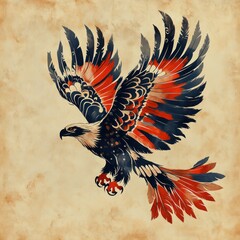 A stylized illustration of a colorful eagle in flight against a textured background.