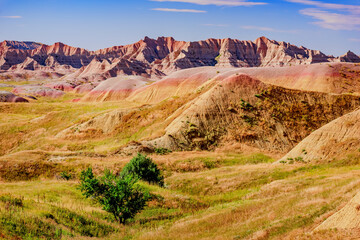 Rugged multi color plains, mountains and valleys of Badlands National Park near Wall, South Dakota