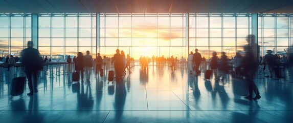 Bustling airport terminal silhouettes against golden sunset, modern travel hub capturing human movement, architectural transparency meets natural light.