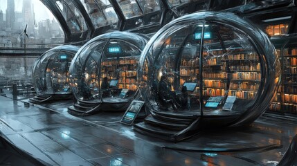 Modern Reading Space with Glass Pods and Cool Lighting