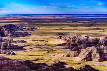 Rugged multi color plains, mountains and valleys of Badlands National Park near Wall, South Dakota
