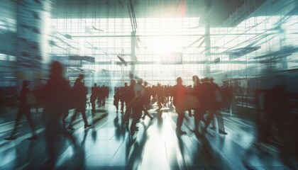 Motion blur of people in a modern building, urban life dynamics, fast-paced and interconnected humanity.