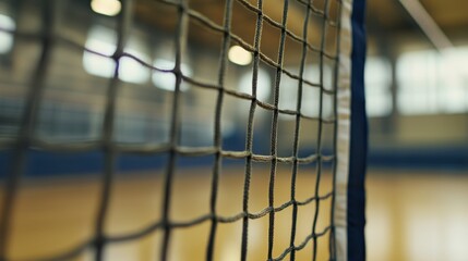A volleyball net with a focus on the netting and poles, indoor setting in a volleyball court, Sharp style