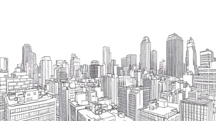 A detailed line drawing of a city skyline with various buildings and structures.