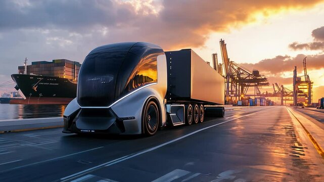A Futuristic Autonomous Truck is seen driving on a Dusk Roadway