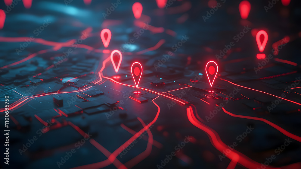 Poster futuristic map visualization with digital red markers representing locations and pathways in a high-