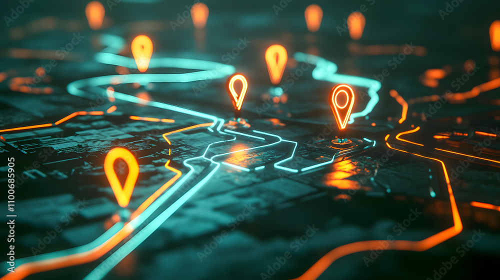 Poster futuristic digital map network with geolocation pins and neon glow representing connectivity and nav