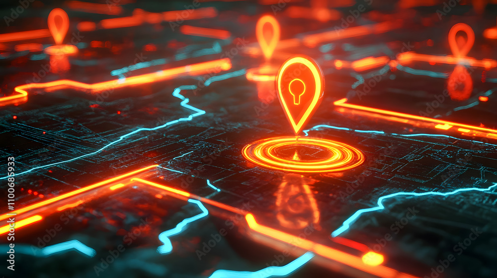 Poster neon map network with location pins highlighting key areas in a digital city landscape for geolocati