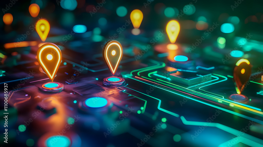 Poster colorful abstract representation of digital network with location pins and circuitry patterns illumi