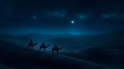 Fototapeta premium un paisaje de noche entre el desierto con los tres reyes magos en camellos con la estrella de belen guiandolos al nacimiento del niño Dios con espacio de copia