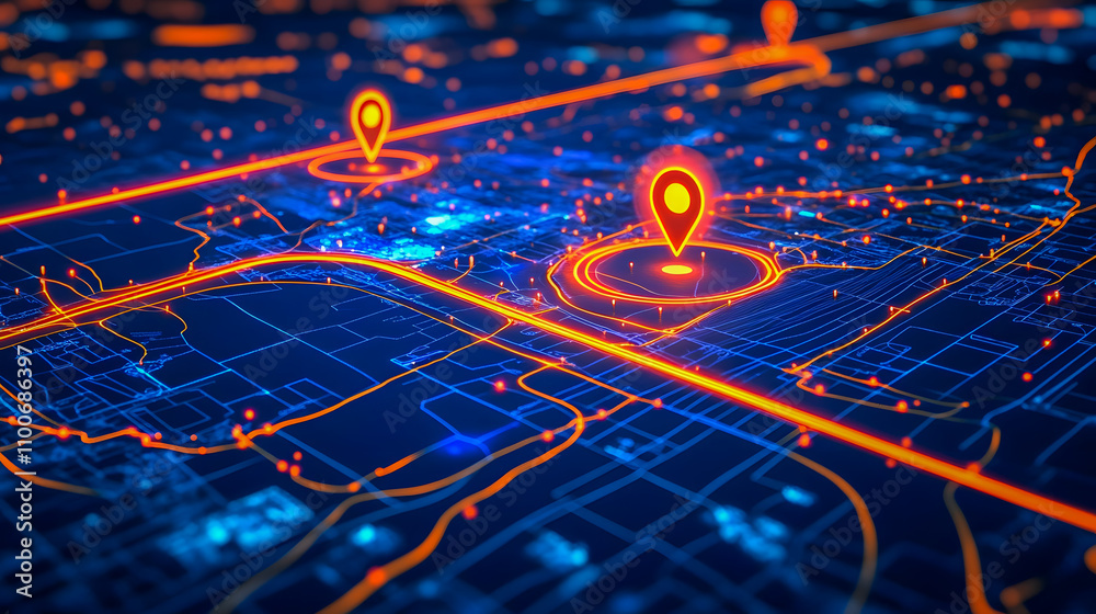 Poster futuristic city map with navigation points and location markers in a neon style highlighting routes 