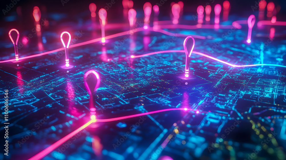 Poster digital map network with pin markers and glowing pathways in futuristic style for technology and nav