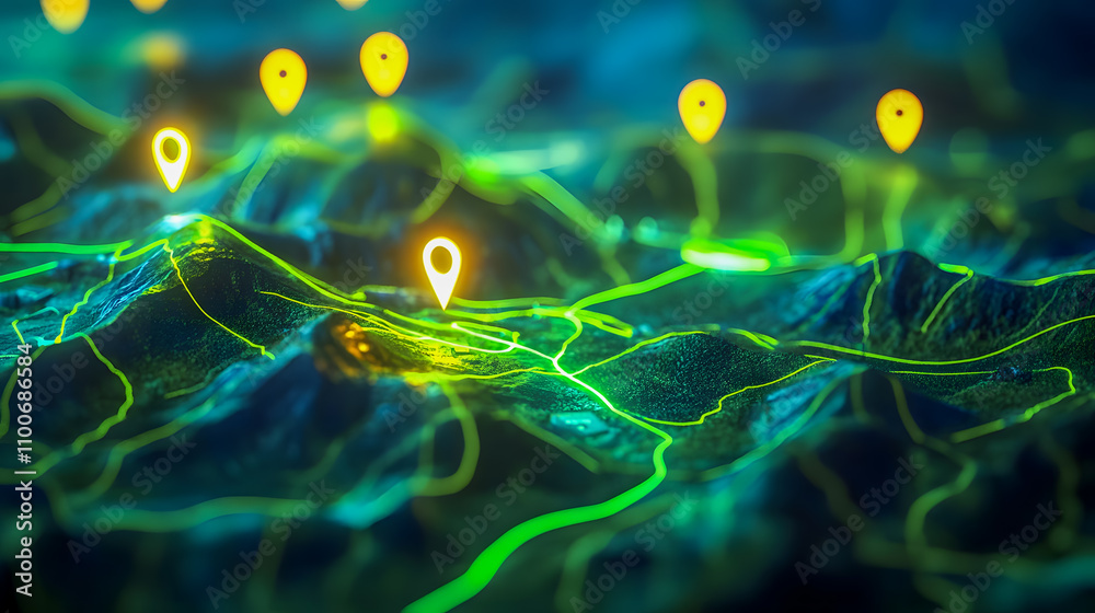 Poster abstract digital landscape with navigation markers and flowing lines representing technology, data, 