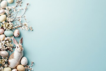A cute rabbit peers through pastel-colored eggs and delicate blooming branches, creating a serene and joyful scene that celebrates the spirit of spring and rebirth.