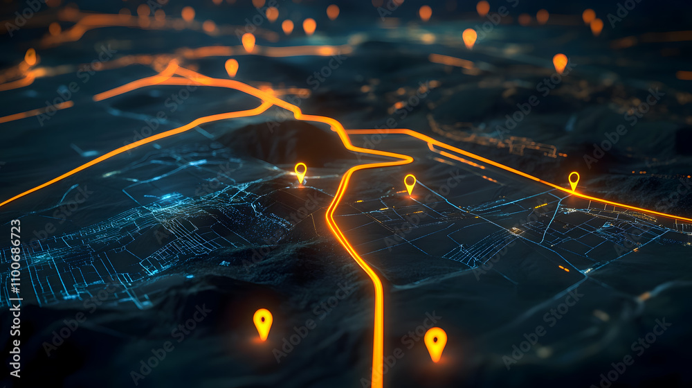 Poster futuristic 3d map visualization with glowing pathways and location markers for navigation technology