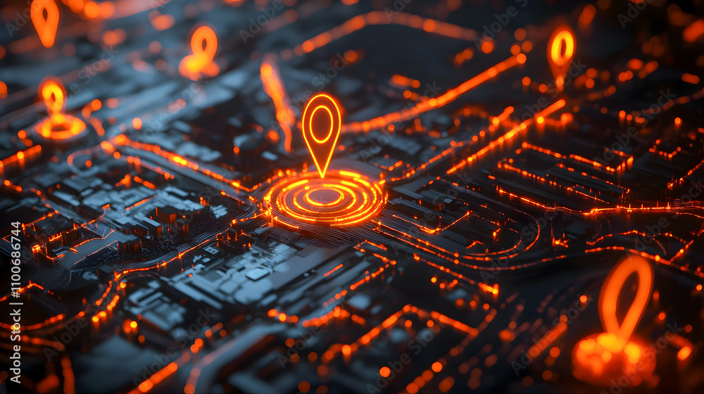 Poster abstract digital map with glowing location markers in orange and dark background for technology and 