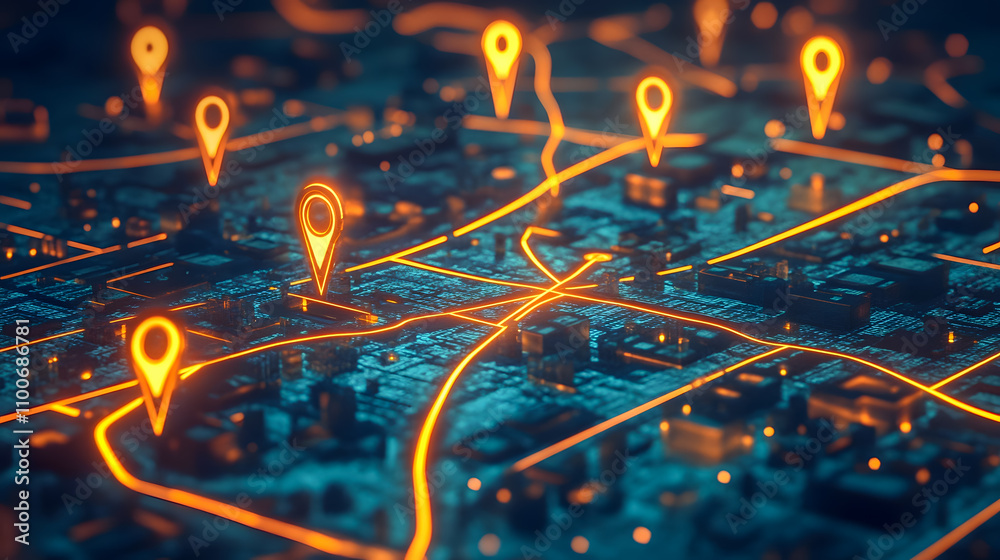 Poster digital map with pinpoints and illuminated pathways, abstract representation of navigation, location