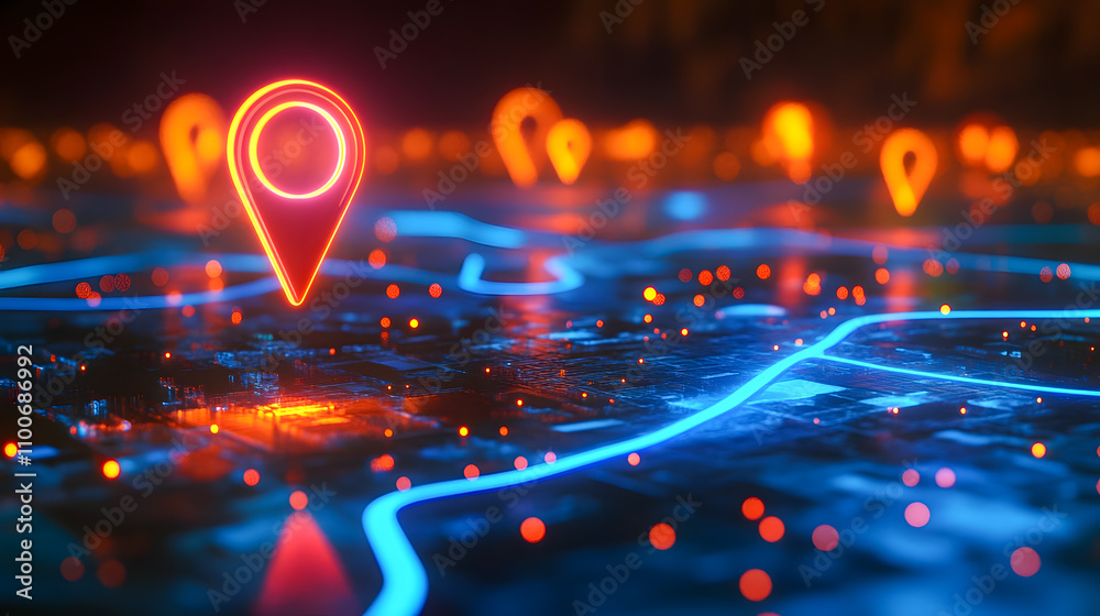 Poster neon map markers with glowing pointer icons on digital cityscape background for location-based servi