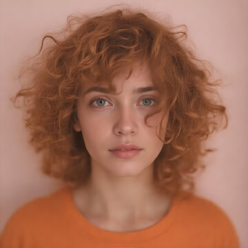 Una linda chica, muy natural,de pelo chino y rojizo