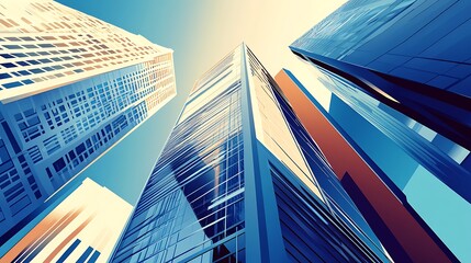 Skyscrapers viewed from below, showcasing modern architecture and urban design.