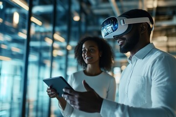 A man wears a virtual reality headset while a woman observes, both exploring digital technology in a modern office environment, symbolizing innovation and collaboration.