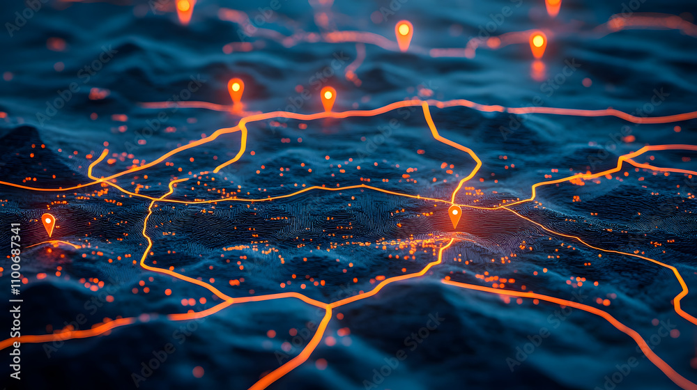 Poster 3d digital map with glowing location pins and network connections, abstract concept of navigation an