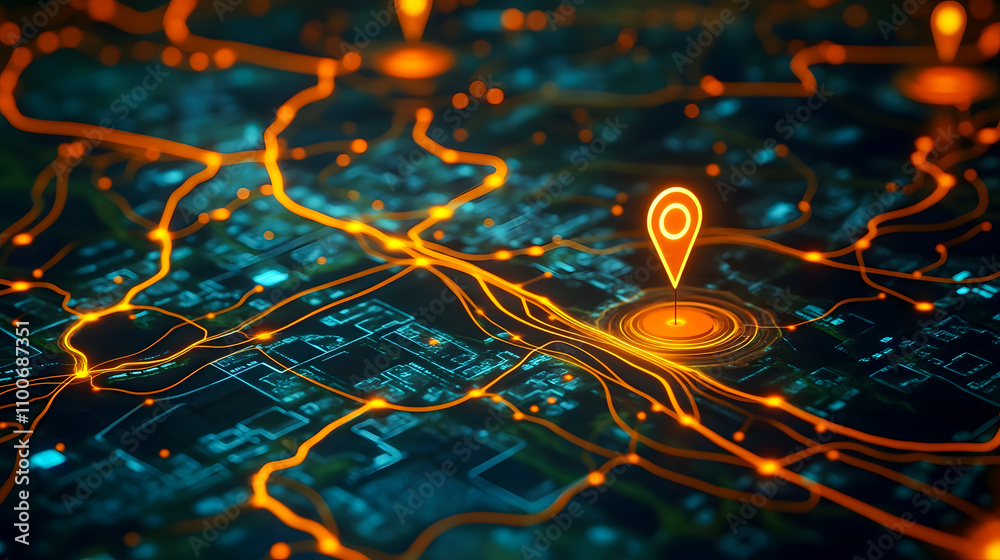 Poster futuristic digital map with location markers and network connections in orange glowing style for nav