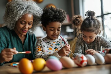 Fototapeta premium A grandmother lovingly paints eggs with her grandchildren, highlighting themes of family, tradition, and creativity in a warm, sunlit room filled with joy and connection.