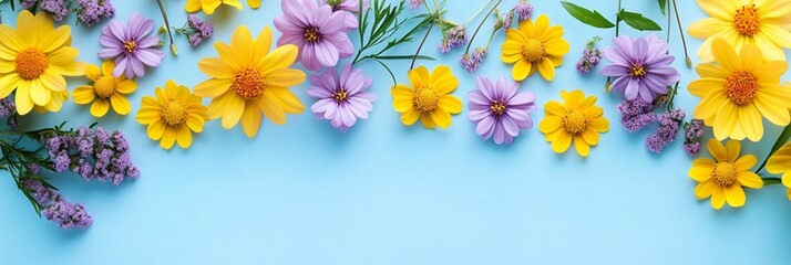 Obraz premium Vibrant spring flowers create a cheerful border against a soft blue background, showcasing a delightful mix of yellow daisies and purple blooms in a fresh, panoramic composition.