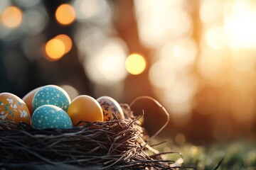 Obraz premium A gentle nest cradling a collection of colorful Easter eggs, beautifully lit by the soft, golden glow of sunlight, evokes a serene and joyful springtime ambiance.